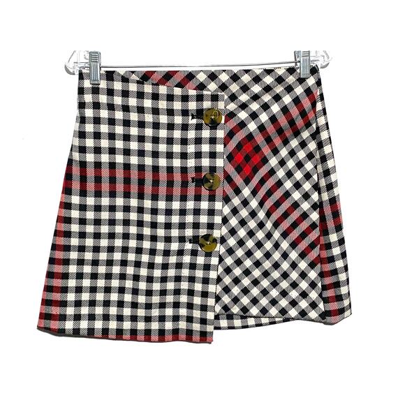 Who What Wear Wrap Button Skirt Asymmetrical Plaid Black Red Womens 4 Stretch - Picture 1 of 6